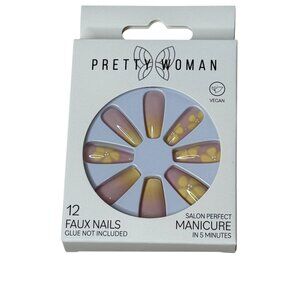 Pretty Woman Press On Nails Pink Yellow Floral Vegan 12 Ct